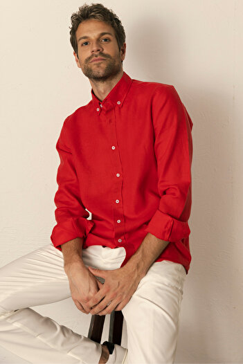 alenmeza Men's Red 100% Linen Modern Fit Shirt - Button Collar, No Pocket
