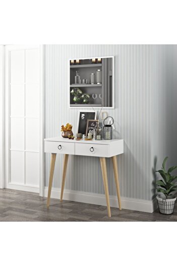 DEKOROSSO Beyaz Arden Ahşap Ayaklı Aynalı Modern Dekoratif Dresuar