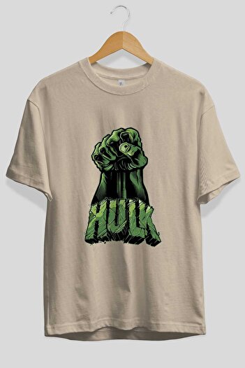 Ankhises Hulk (1) Μπεζ Oversize Crew Neck Βαμβακερό ανδρικό γυναικείο μπλουζάκι - εμπρός εμπριμέ