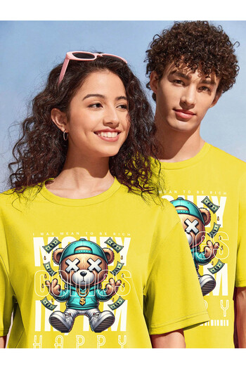 DogFish MoneyComesInImHappy Printed - Lover Couple Combination Oversize Yellow T-Shirt