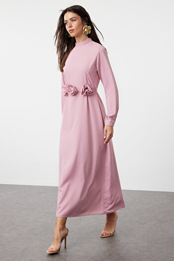 Trendyol Modest Σατέν υφαντό - Φόρεμα αποξηραμένο τριαντάφυλλο και ζώνη TCTSS24EB00177