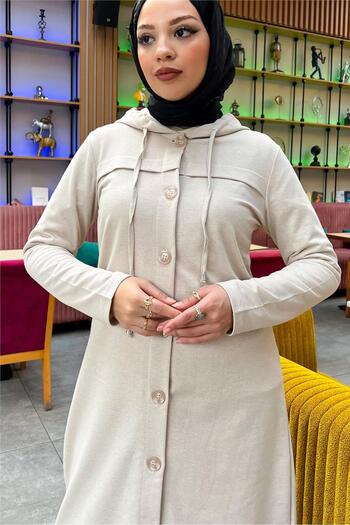 Bwest Hooded Buttoned Simple Basic Long Tunic and Trousers Double Sports Set - 03072.027 - Ecru