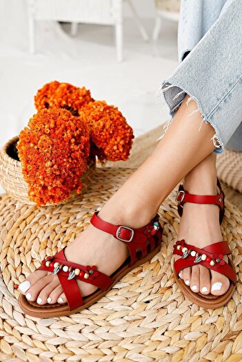 Limoya Genuine Leather Alize Red Bead and Leaf Detailed Women's Sandals