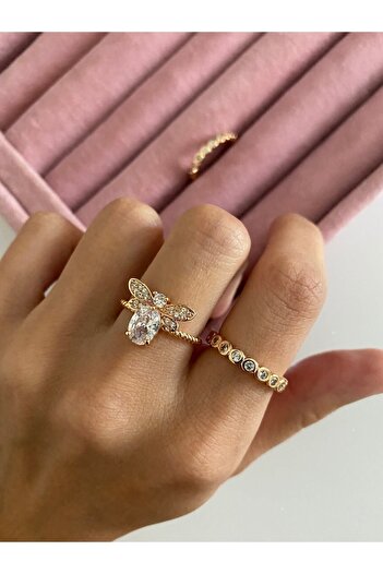 ringbox Gold Renk Zirkon Taşlı Duru Yüzük