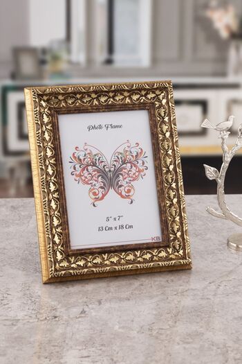Seniste Porto Glass Picture Frame Single Gold Embossed Adjustable Stand - Wall Hangable 13x18 Cm