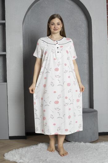 SEBOTEKS Buttoned Collar Short Sleeve 100% Cotton Combed Plus Size Mother's Nightgown 1515