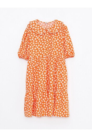 LC Waikiki Gemustertes, kurzärmliges Mädchenkleid aus Viskose mit Babykragen