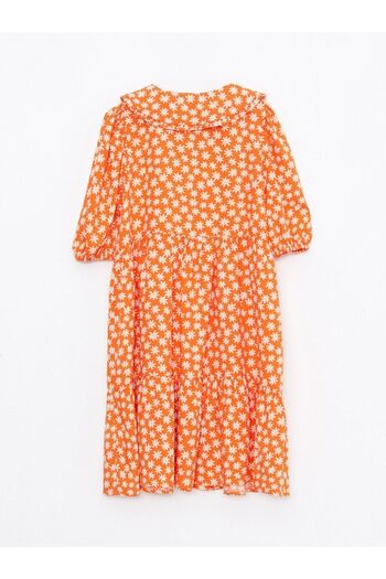 LC Waikiki Gemustertes, kurzärmliges Mädchenkleid aus Viskose mit Babykragen