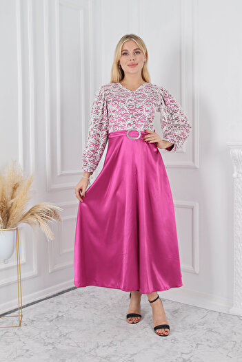CLASSY.MODA Rochie din satin cu mâneci decupate unice, corset din dantelă cu căptușeală din satin, cu eșarfă și accesorii