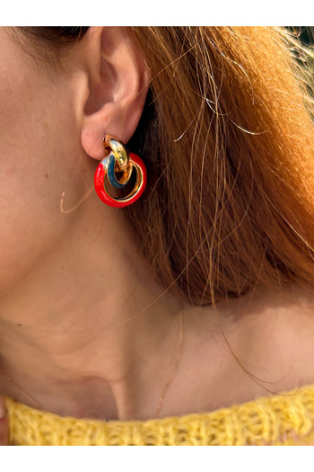 ByMerve Bym129 - 3.5cm Red Steel Earrings for Women, Gold Layer Evening Dress Design