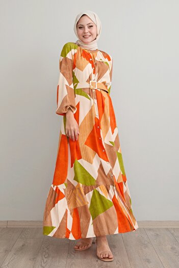 InStyle Orange Viscose Dress - Geometric Pattern and Belt