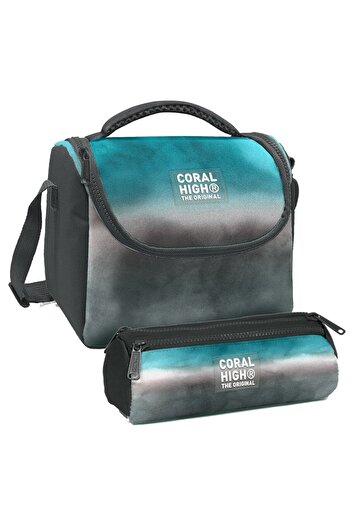 Coral High Turquoise Gray Tie-Dye Patterned Thermal Insulated Lunch Box and Pen Holder Set for Boys