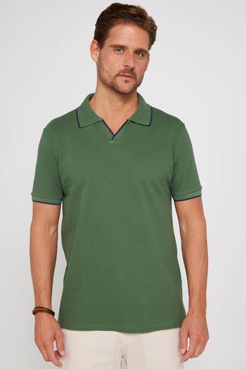 Tudors Khaki Polo Collar Slim Fit Men's T-Shirt - 100% Cotton, Plain Pique, No Buttons