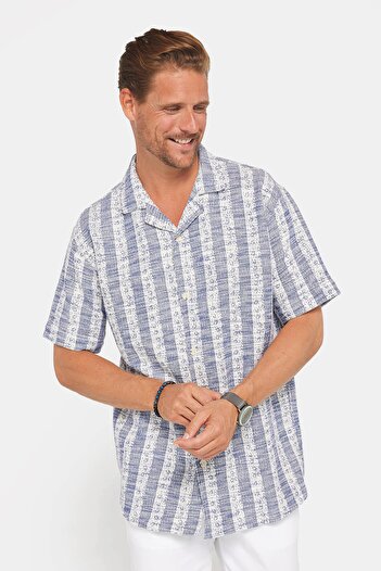 Tudors Men's Striped Relaxed Fit Short Sleeve Apache Collar Ecru Summer Shirt