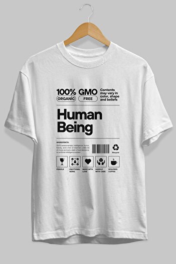 Ankhises Ανδρικό γυναικείο λευκό μπλουζάκι Oversize - Crew Neck, Human Being Front Printed