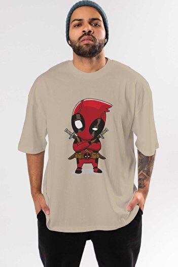 Ankhises Deadpool 19 - Μπροστινό εμπριμέ μπεζ υπερμεγέθη βαμβακερό μπλουζάκι, λαιμόκοψη, ανδρικό γυναικείο