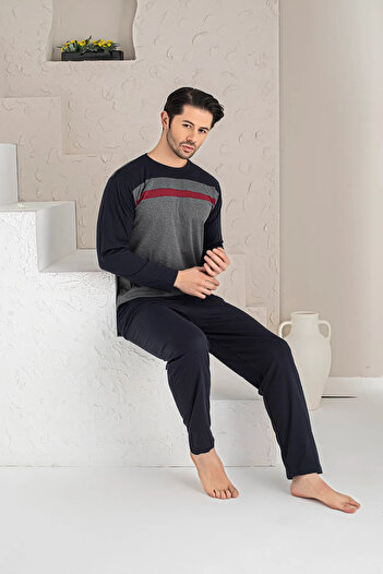 Huq Moda Moon Uzun Kollu Füme Parçalı Pamuklu Süprem Erkek Pijama Takımı