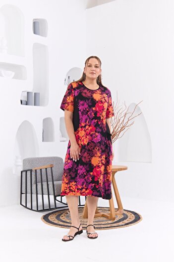 RMG Plus Size Orange Floral Print Pocket Dress