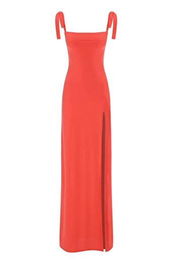 Whenever Company Orange Adjustable Strap Square Neckline Deep Slit Long Evening Dress