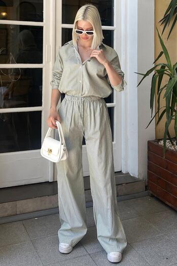 Madmext Green Long Sleeve Striped Shirt Pants Two-Piece Suit Mg2124