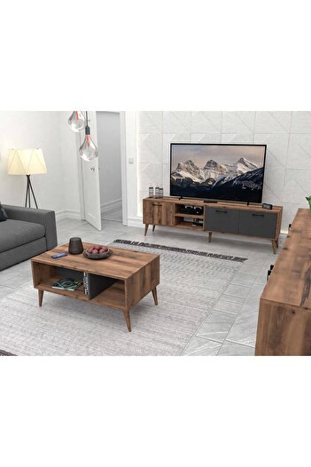 Mezza Set 1581-2070-1620 Exxen (AHŞAP AYAKLI) Tv Ünitesi - Orta Sehpa - Konsol Seti Hat - Antrasit