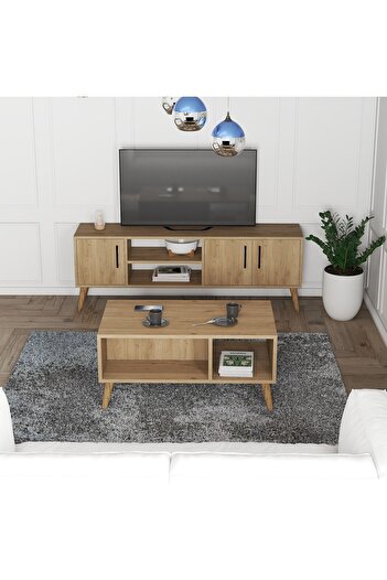 Mezza Set 1586-2076 Exxen 150 Cm (AHŞAP AYAKLI) Tv Ünitesi - Orta Sehpa Seti Sepet Rengi
