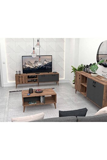 Mezza Set 1581-2070-1620 Exxen (AHŞAP AYAKLI) Tv Ünitesi - Orta Sehpa - Konsol Seti Hat - Antrasit