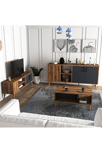 Mezza Set 1580-2070-1620 Exxen (AHŞAP AYAKLI) Tv Ünitesi - Orta Sehpa - Konsol Seti Hat - Antrasit