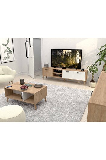 Mezza Set 1585-2074-1624 Exxen (AHŞAP AYAKLI) Tv Ünitesi - Orta Sehpa - Konsol Seti Sepet - Beyaz