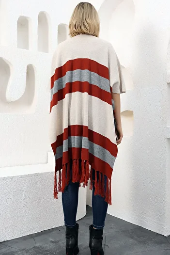 ALCHON V-Neck Short Sleeve Skirt with Tassels Color Block Midi Length Knitwear Shawl Look Poncho