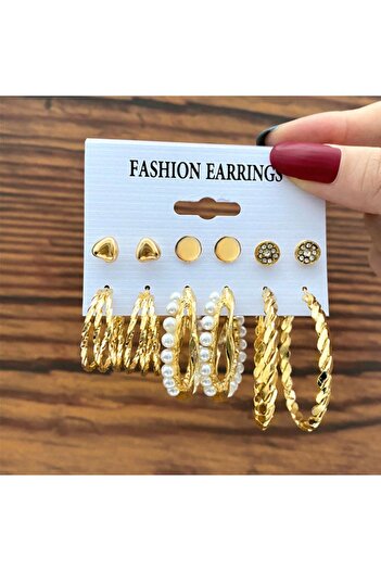 Takıtolia Modish - Acrylic and Pearl Gold Gold Hoop Multiple Earrings Set
