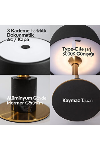 AmberLED MeraGold Masa Lambası Şarj Edilebilir Taşınabilir 3000K Günışığı 3 Kademe Dokunmatik Parlaklık Ayarı