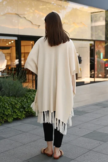 ALCHON V-Neck Short Sleeve Skirt with Tassels Solid Color Side Stitching Midi Length Knitwear Shawl Look Poncho