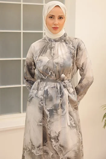 benguen Φόρεμα γκρι σατέν Hijab - Μοντέλο 3991
