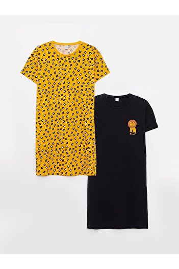 LC Waikiki LCW Kids Bisiklet Yaka Baskılı Kısa Kollu Kız Çocuk Gecelik 2'li