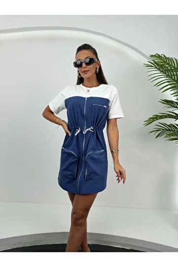 Elif Özbey Butik Rochie din Gabardina - Albastra, Detaliu cu Snur in Talie si Fermoar