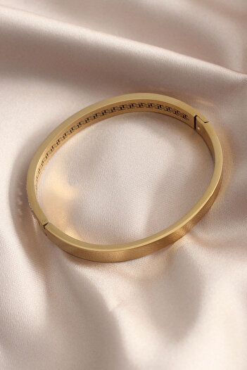 Moka Shopin Gold Colored Steel Motif Zircon Stone Women's Bracelet