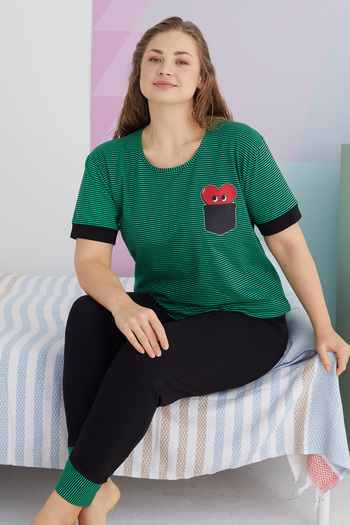 Siyah İnci Large Size Oversize Cotton Knitted Pajamas Set - Multicolor Curve