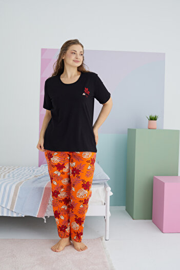 Siyah İnci Large Size Oversize Cotton Knitted Pajamas Set - Multicolor Curve