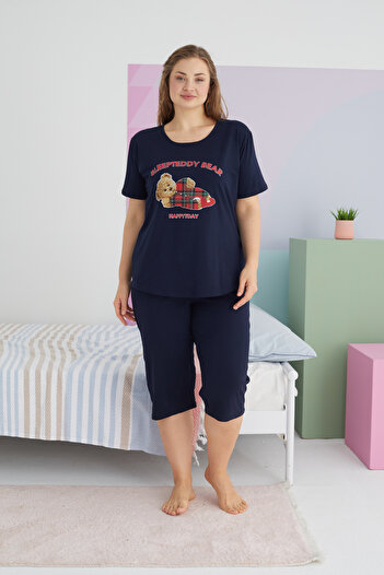 Siyah İnci Navy Blue Curve Oversize Cotton Capri Set - Plus Size