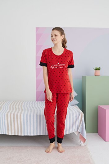 Siyah İnci Cotton Red Knitted Pajama Set