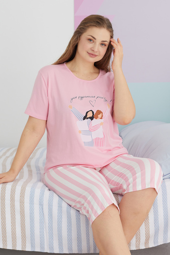 Siyah İnci Multicolor Curve Plus Size Oversized Cotton Knitted Capri Set