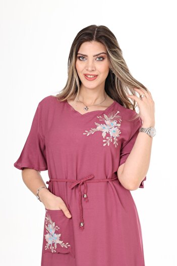 mervemoda Kadın kısa kol nakış detaylı yazlık uzun elbise