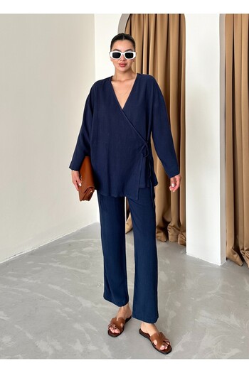 Laluvia Cotton Double-breasted Kimono and Pants Set - Navy Blue
