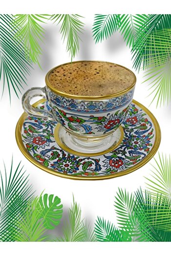 SAMSA Gold Tile Herbal Motif Glass Cup Coffee Set 6 Person Coffee Set For 6 Persons