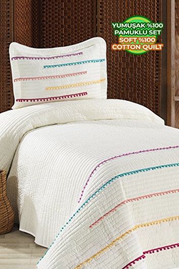 Evlen Home Collection Nova Colorful Pompom 100% Cotton Single Bedspread Quilted Fiber Filled Pike Set Cream