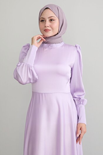 InStyle Kol Ucu Fermuarlı Lila Saten Elbise