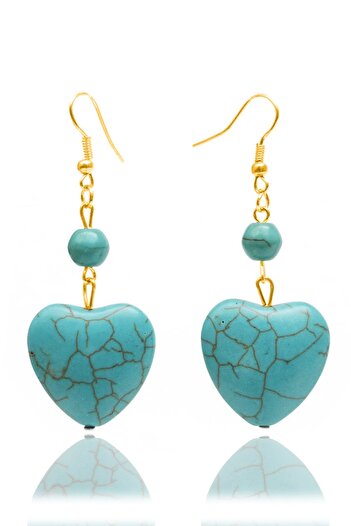 Tesbih Atölyesi Gold Heart Model Turquoise Turquoise Jewelled Earrings