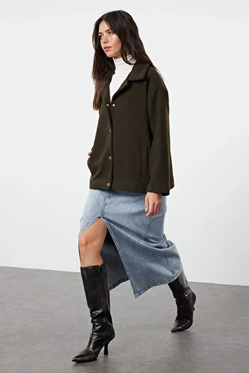 Trendyol Collection Khaki Knitted Stamp Oversize Thin Jacket Coat - Twoaw25Mo00079