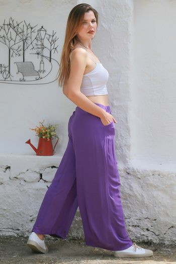 Chiccy Wide Leg - Purple Pleated Woven Elastic Casual Trousers